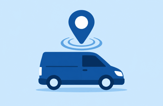 Graphic of a Small Wheel Base van with a tracking icon following the van.