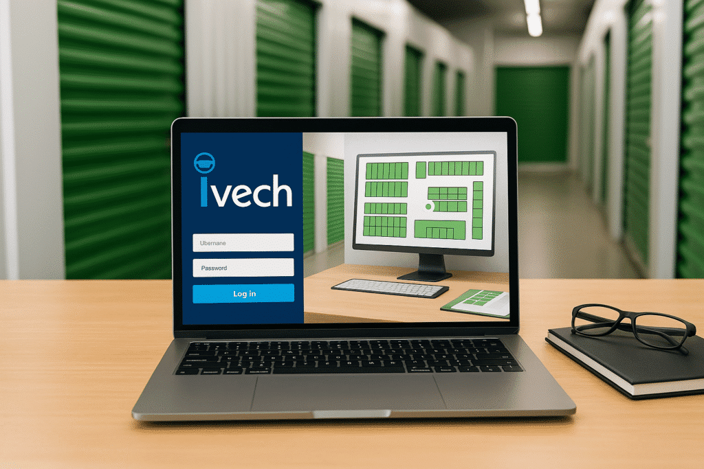 iVech self storage management software login screen displayed on a laptop.