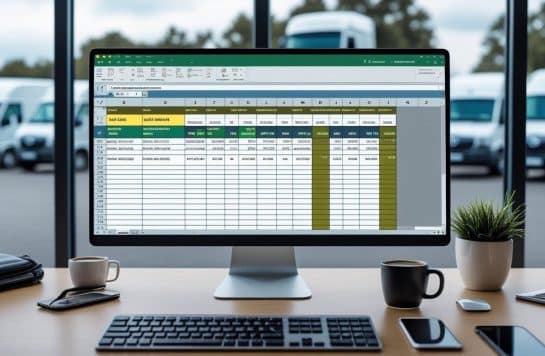 A realistic vehicle hire office, with a spreadsheet on a laptop and rental vehicles in the background.
